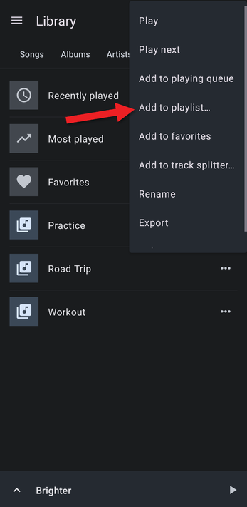 Playlist menu with an arrow pointing at Add to playlist