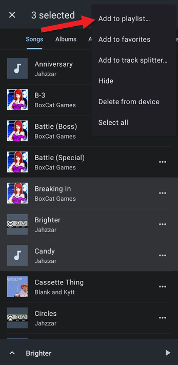 Selection menu with an arrow pointing at Add to playlist
