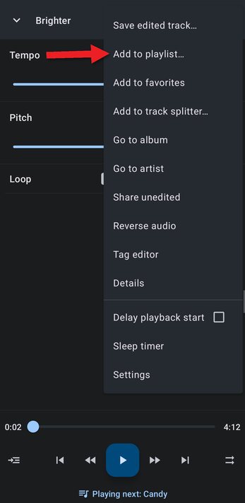 Editor menu with an arrow pointing at Add to playlist
