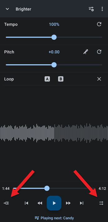Editor with arrows pointing at the Play mode and Shuffle buttons