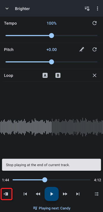 Play mode set to stop at the end of the current track