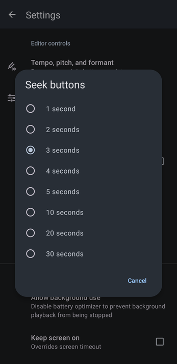 Seek buttons setting with the jump length options