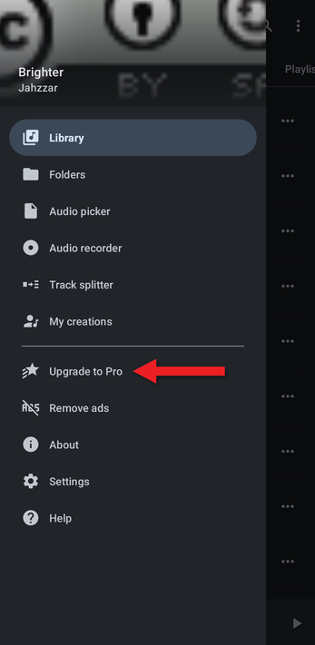 App menu with an arrow pointing at Upgrade to Pro
