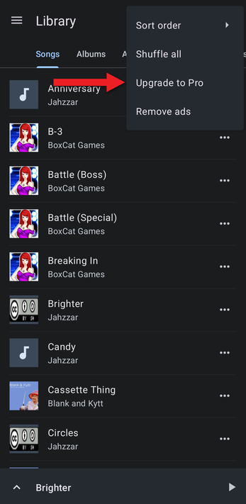 Library menu with an arrow pointing at Upgrade to Pro