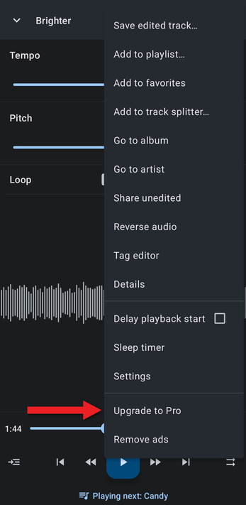 Editor menu with an arrow pointing at Upgrade to Pro