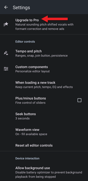 Settings with an arrow pointing at Upgrade to Pro