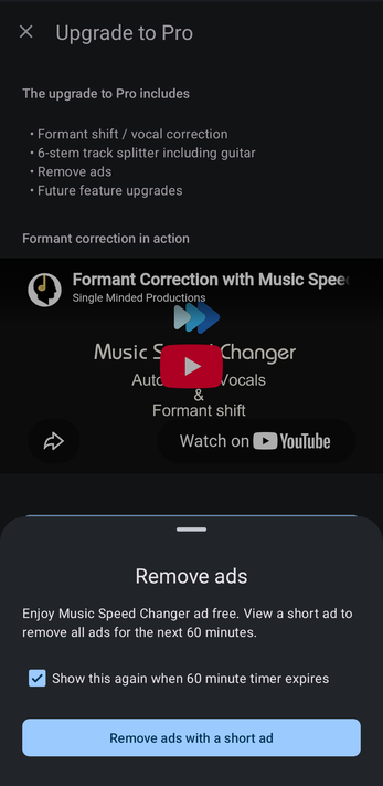 Remove ads sheet offering 60 minutes without ads