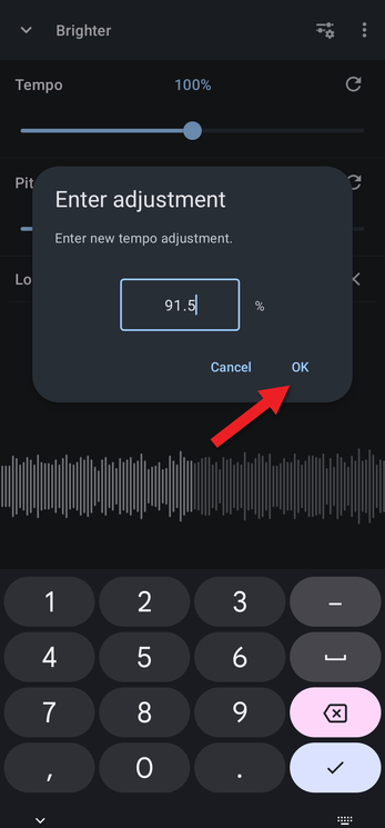 Enter adjustment dialog for tempo with a value typed