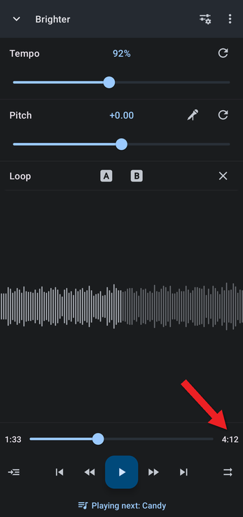 Editor with an arrow pointing at the track length, which shows the original length