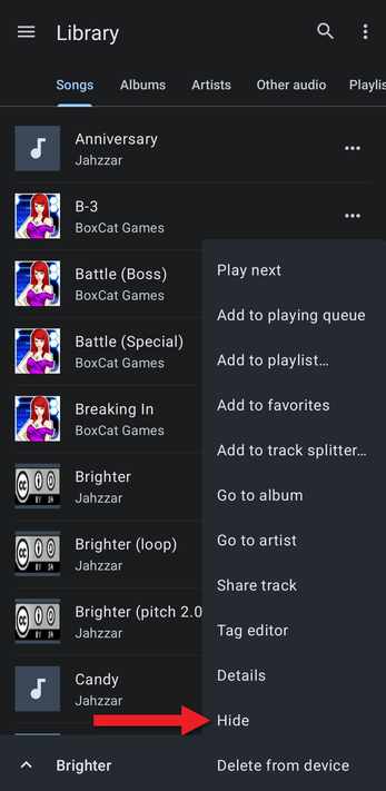 Song menu with an arrow pointing at Hide