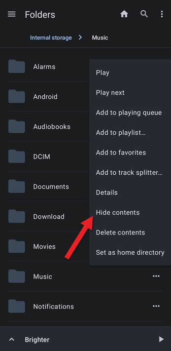 Folder menu with an arrow pointing at Hide contents