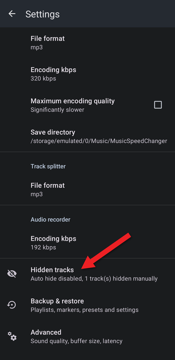 Settings with an arrow pointing at Hidden tracks