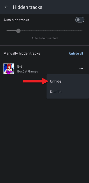 Hidden tracks screen with an arrow pointing at Unhide