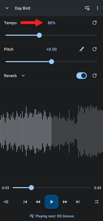 Editor with the tempo at 80 percent and reverb turned on