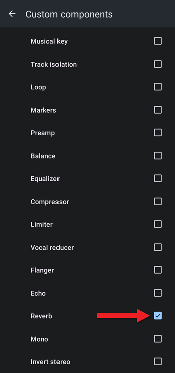 Custom components screen with an arrow pointing at the Reverb checkbox