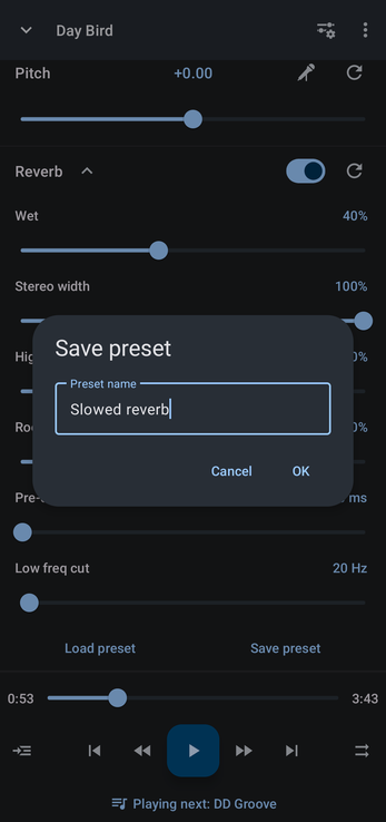 Save preset dialog with the name Slowed reverb