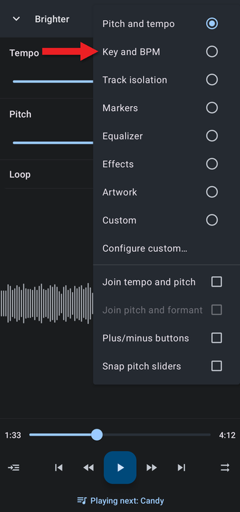 Editor components menu with an arrow pointing at Key and BPM