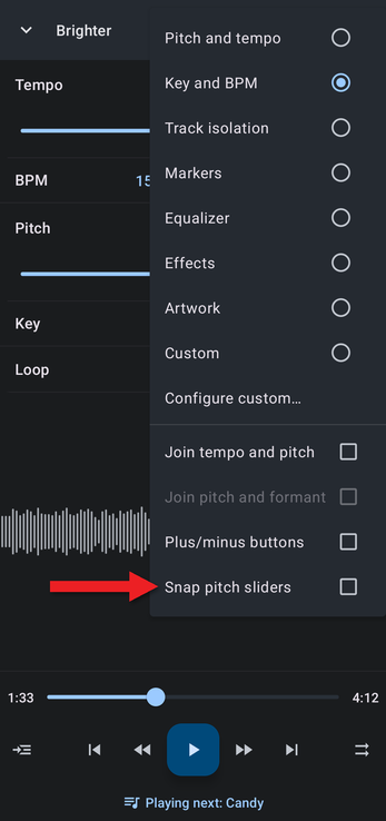 Editor components menu with an arrow pointing at Snap pitch sliders