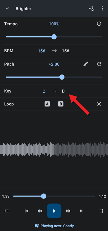 Pitch raised by two semitones, changing the key from C to D