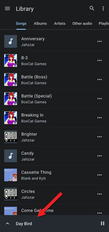 Library with an arrow pointing at the mini player