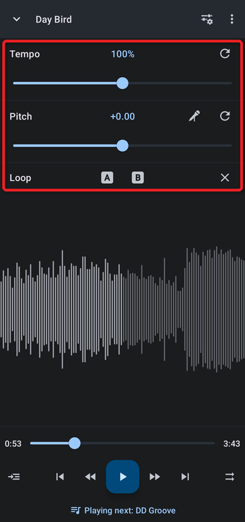 Editor with the Tempo, Pitch and Loop controls outlined