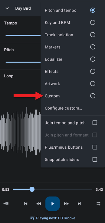 Editor components menu with an arrow pointing at Custom