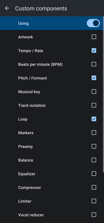 Custom components screen with the default components ticked