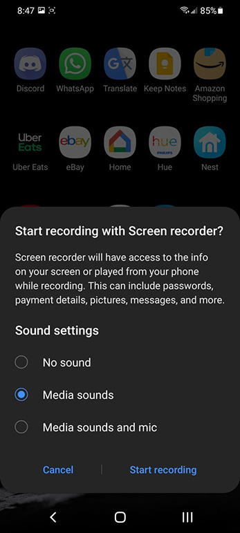 Screen recorder sound settings with Media sounds selected