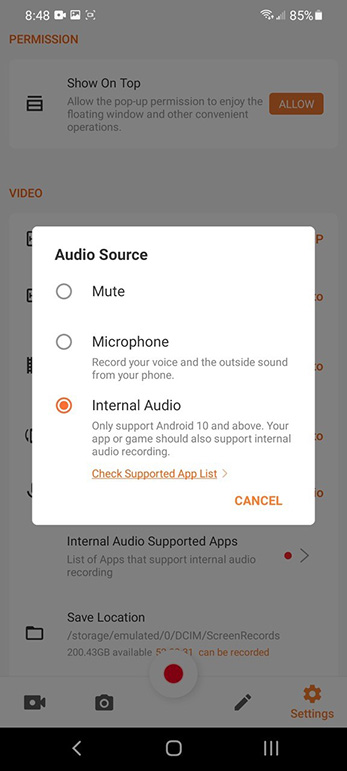 XRecorder audio source setting with Internal Audio selected