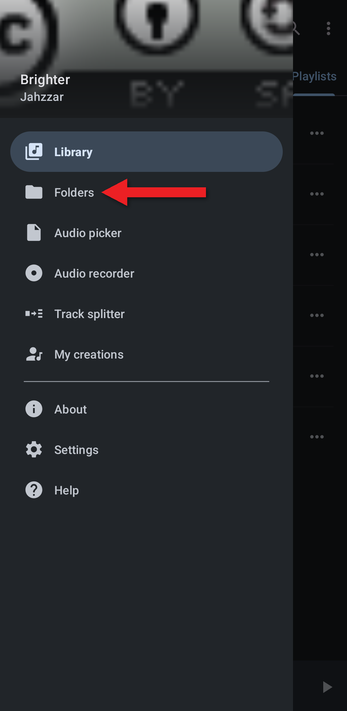 App menu with an arrow pointing at Folders