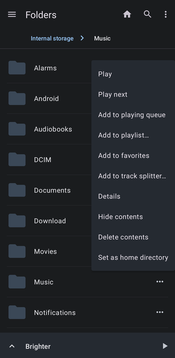 Folder menu with Play, Play next, Add to playing queue, Add to playlist and more