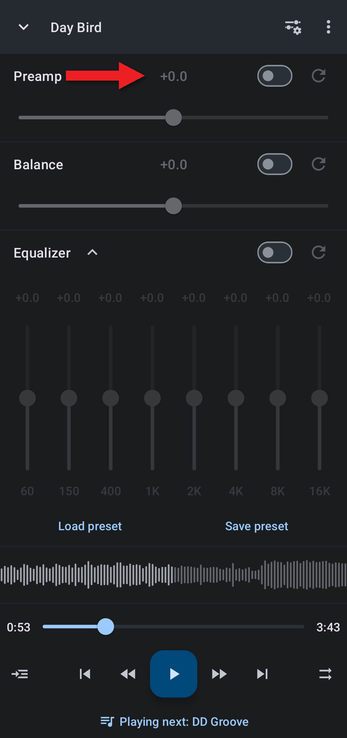 Equalizer layout with the Preamp row at the top