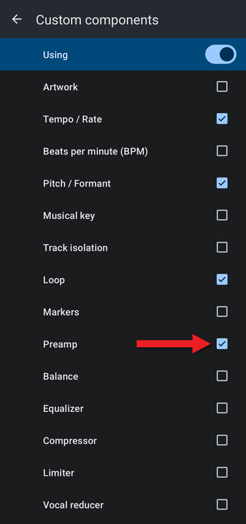 Custom components screen with Preamp ticked