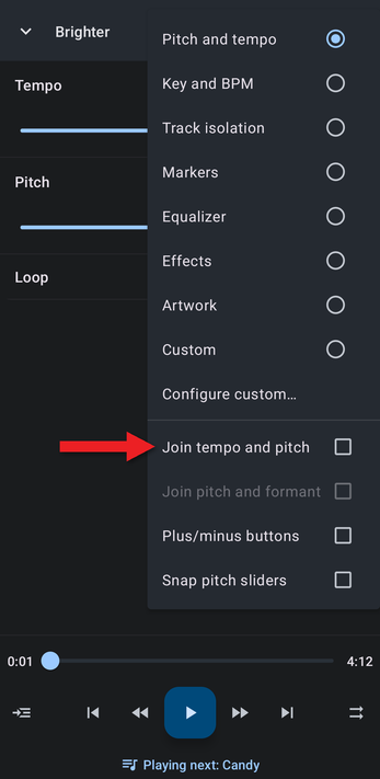 Editor components menu with an arrow pointing at Join tempo and pitch