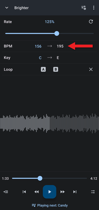 Editor with the Rate slider raised and the BPM shown