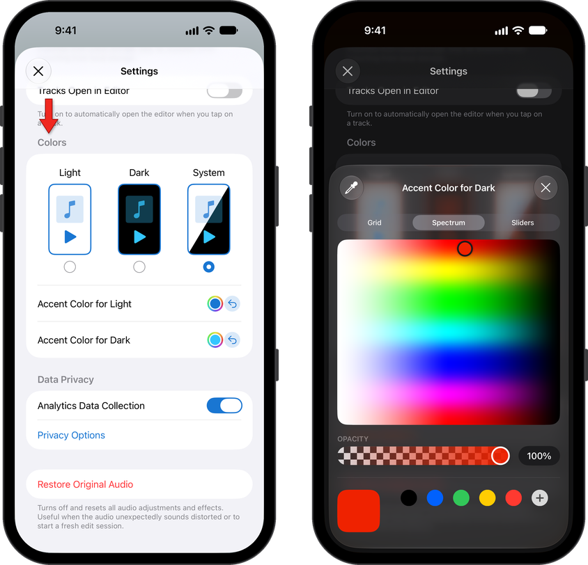 Color adjustments in Settings