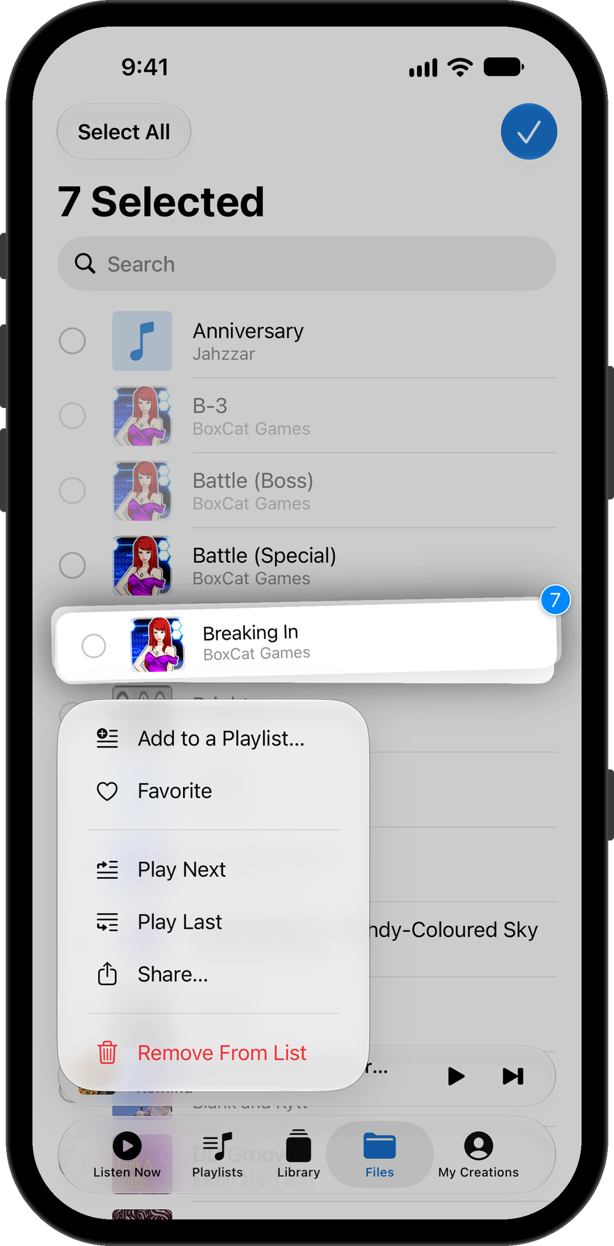 Context menu with multiple tracks selected