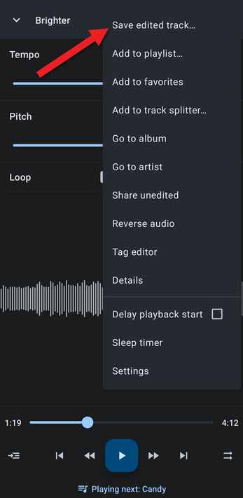 Editor menu with an arrow pointing at Save edited track