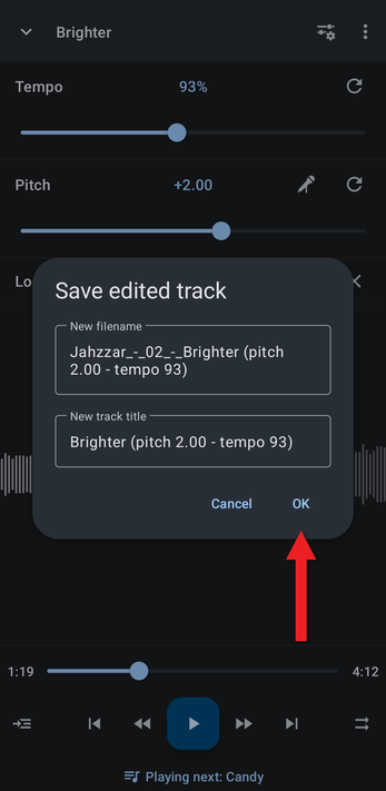 Save edited track dialog with the file name and track title