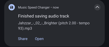 Finished saving audio track notification with Share and Open buttons