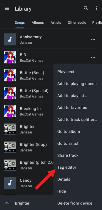 Song menu with an arrow pointing at Tag editor