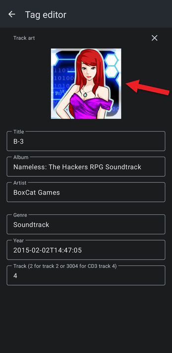 Tag editor with an arrow pointing at the track artwork