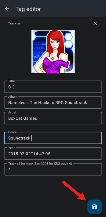 Tag editor with an arrow pointing at the save button