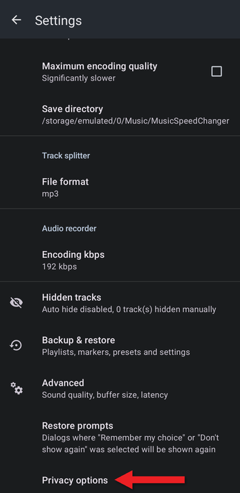 Settings with an arrow pointing at Privacy options