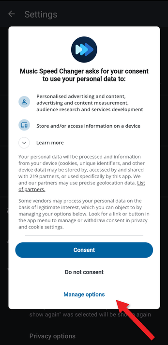 Consent form with an arrow pointing at Manage options