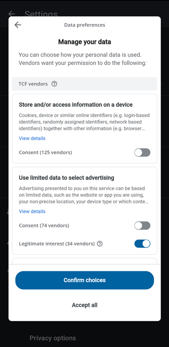 Manage your data screen with Confirm choices and Accept all