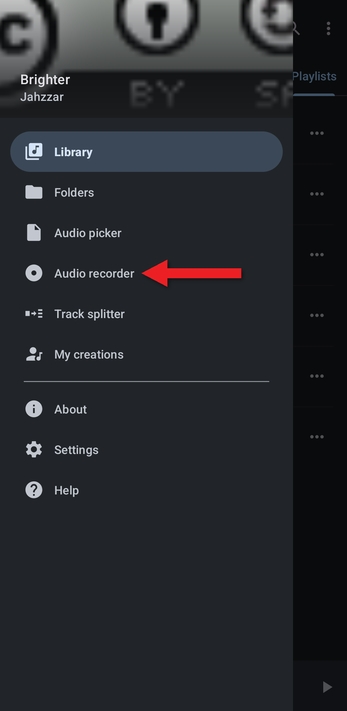 App menu with an arrow pointing at Audio recorder