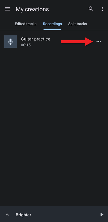 Recordings tab with an arrow pointing at a recording's menu button