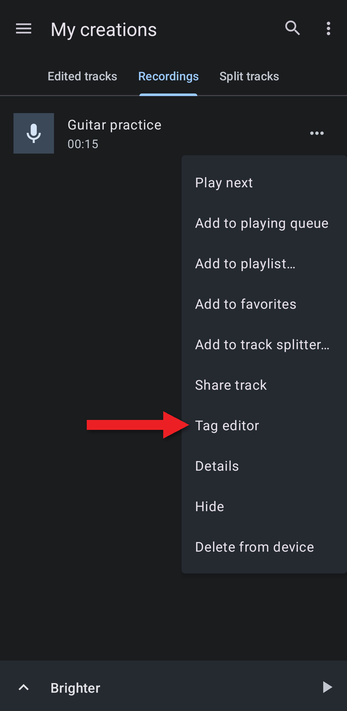 Recording menu with an arrow pointing at Tag editor