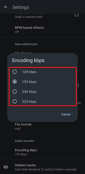 Encoding kbps dialog for the audio recorder